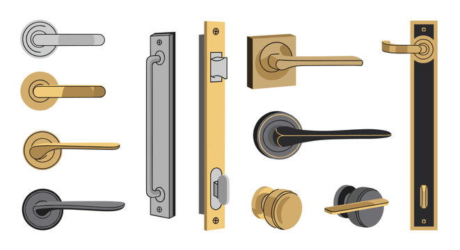 Assorted set of modern and classical door handles, knobs, and locks in various metal finishes like gold, silver, and black.