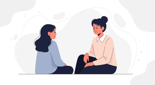 Two women talking, illustration, flat design, communication, support, mental health concept