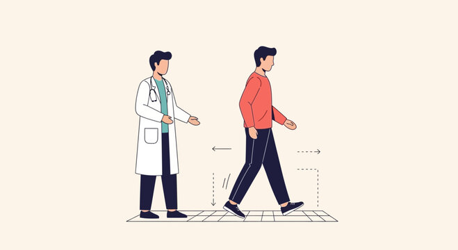 Doctor observing patient walking on a mat for gait analysis, medical checkup