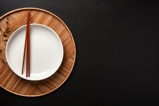 Minimalist table setting featuring an empty plate and chopsticks on a bamboo placemat