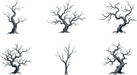Obraz premium Bare dead trees set in weathered style for mysterious winter forest landscape and natural scene illustration.