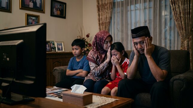 An Indonesian family of four, including a father, mother, son, and crying daughter, sitting on a couch in their living room, looking distressed while watching television.