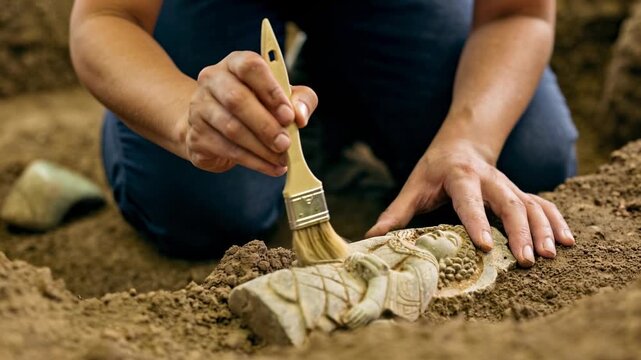 Close-up of Archaeologist Hands Carefully Brushing Sand Off Ancient Stone Artifact at Excavation Site