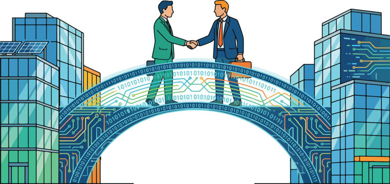 Two businessmen shaking hands on a bridge between city skyscrapers in a deal