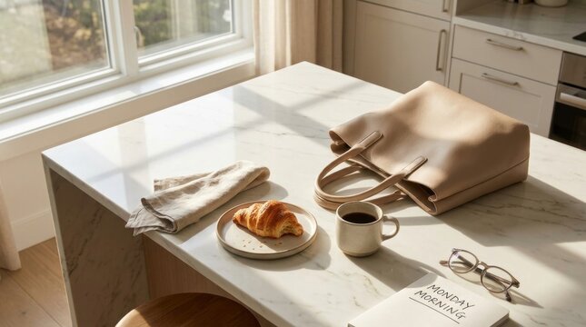 monday morning pictures of a bright kitchen island with croissant, coffee mug, beige tote, glasses, folded napkin, handwritten note, marble surface, fresh start breakfast sunlight, and weekday calm