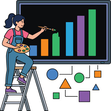 A woman sits on a ladder painting a colorful bar graph on a screen with various shapes around.