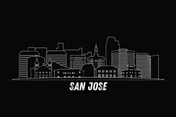 Naklejka premium Minimal San Jose, California, USA skyline line art with iconic landmarks and modern architecture isolated on black background illustration.