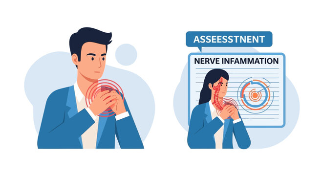 Man and woman experiencing neck pain and nerve inflammation, medical assessment concept