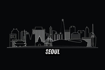 Fototapeta premium Minimal Seoul, South Korea skyline line art with iconic landmarks and modern architecture isolated on black background illustration.