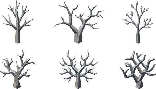 Low poly 3d grey tree models with sharp geometric edges and faceted surfaces for digital landscape rendering.