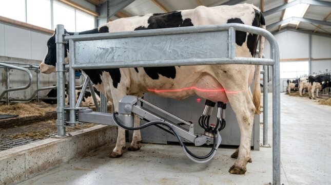 Automated milking robot scanning dairy cow udder with laser and attaching cups. Modern dairy farm technology for efficient livestock management and milk production in barn.