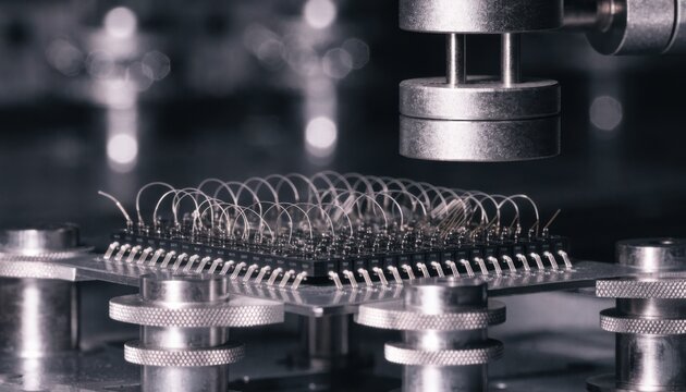 Focused view of wire bonding assembly with wedge bonding method using fine wires attaching microchips to carrier leads emphasizing industrial precision and technology.