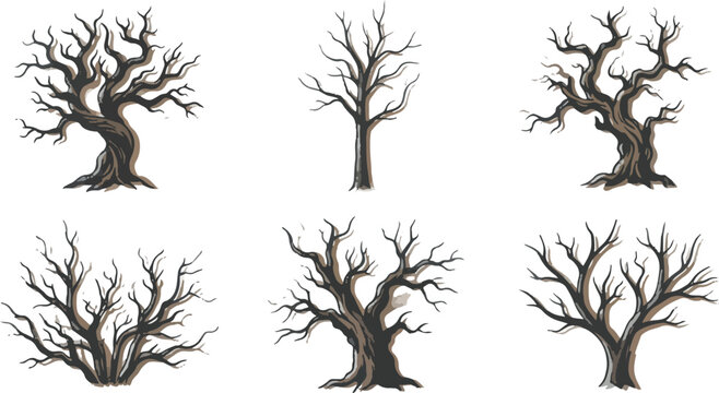 Set of six scary bare trees with twisted branches for halloween, horror, or spooky designs.