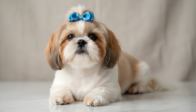 Adorable shih tzu with bow lying on a white surface, cute domestic animal looking at the camera for grooming and pet care concept, soft bokeh background