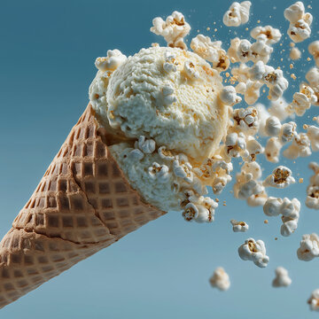 Close up waffle cone with vanilla ice cream and popcorn flying across a blue background. Designed for dessert advertising, snack packaging, and bold food branding.