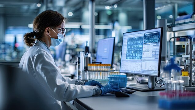 Scientist in sterile lab coat & mask works on computer displaying complex data