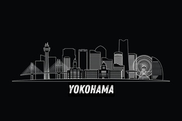 Minimal Yokohama, Japan skyline line art with iconic landmarks and modern architecture isolated on black background illustration. © Umm Hamzah