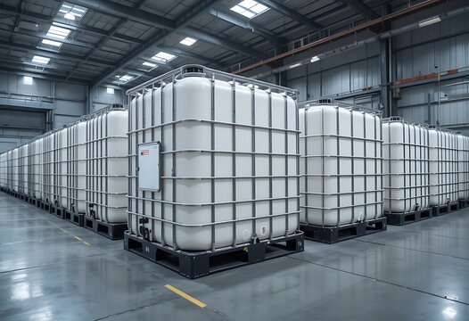 Large plastic industrial water tanks stored in a big warehouse facility. ibc container
