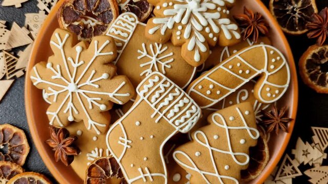 Christmas gingerbread, sweets and cookies for the festive table. Christmas gingerbread as a food background for your design