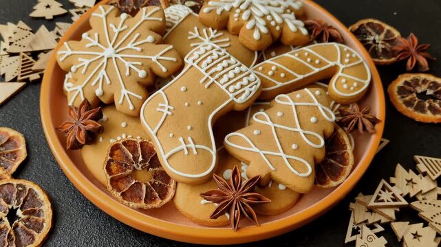Christmas gingerbread, sweets and cookies for the festive table. Christmas gingerbread as a food background for your design
