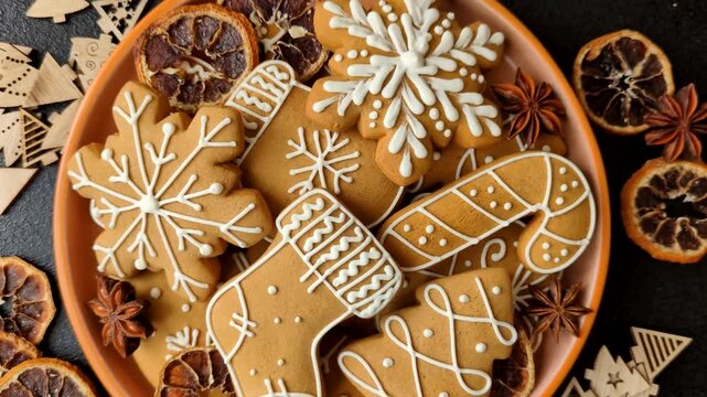 Christmas gingerbread, sweets and cookies for the festive table. Christmas gingerbread as a food background for your design