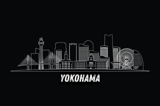Minimal Yokohama, Japan skyline line art with iconic landmarks and modern architecture isolated on black background illustration.