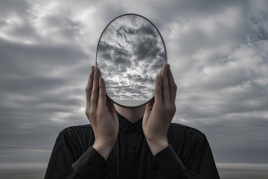 Person Holding Mirror Reflecting Cloudy Sky Over Water.