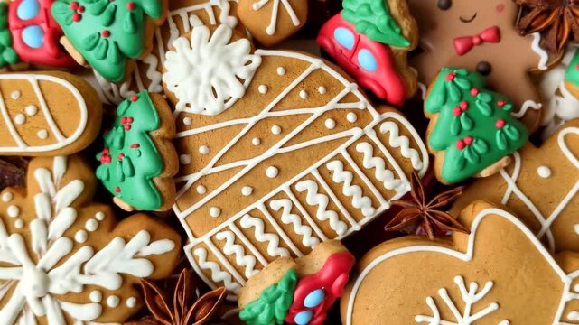 Christmas gingerbread, sweets and cookies for the festive table. Christmas gingerbread as a food background for your design