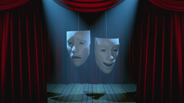 A 3d animation of professional theater stage featuring lush red velvet curtains, a polished wooden floor, and dramatic spotlights creating a perfect atmosphere for concerts and performances
