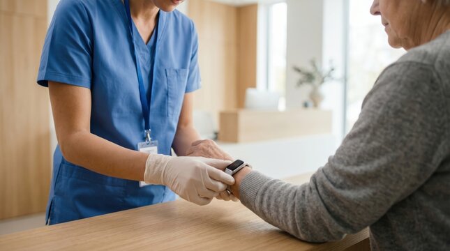Nurse wearing medical gloves checking patient heart rate using smart watch digital health monitoring telemedicine concept wearable technology for elderly care in modern hospital