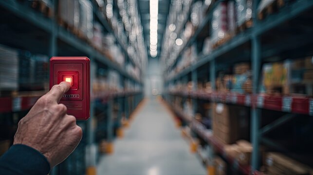 Hand presses glowing red alert button in warehouse aisle