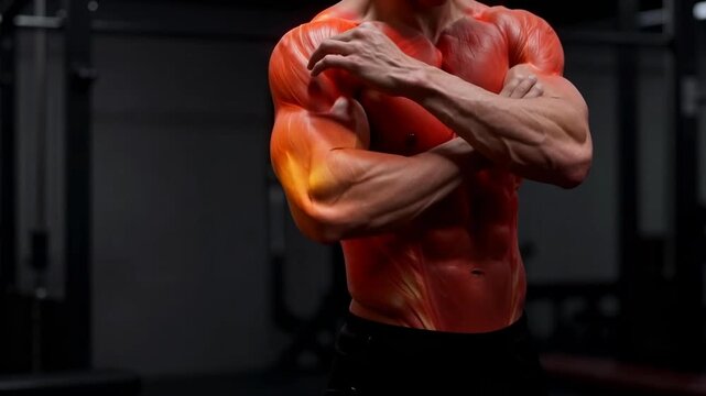 Muscular Male Torso Flexing with Red Anatomical Heat Map Overlay showing Muscle Activation in Dark Gym Environment