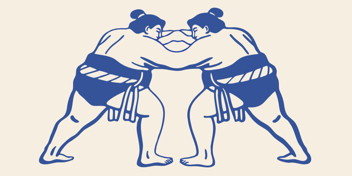 Sumo wrestlers illustration two athletes in fighting pose blue line art