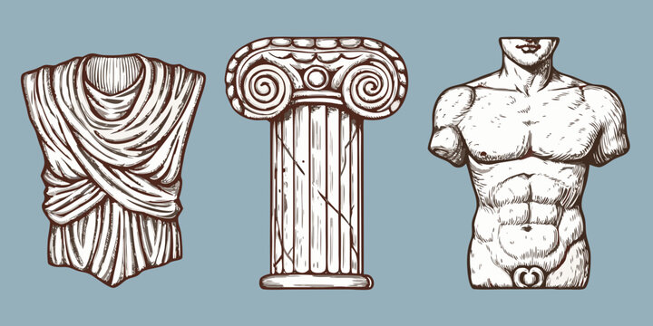 ancient greek statues sketches ionic column and draped torso
