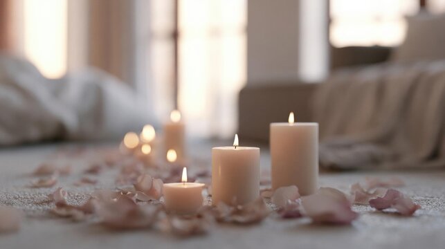 Group of white candles on a bed with rose petals scattered around them. the candles are lit, creating a warm and cozy atmosphere.