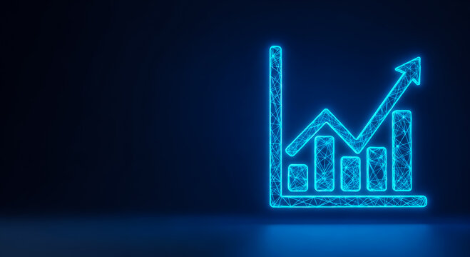 A glowing neon blue chart illustrating financial growth with upward trends, set against a dark background, symbolizing progress and success.