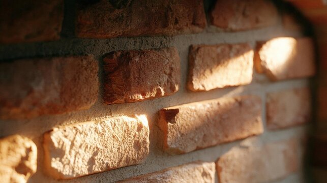 Close-up of a brick wall. the bricks are arranged in a grid-like pattern, with each brick slightly overlapping the one below it.