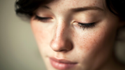 Fototapeta premium Macro shot of young woman face with beautiful freckles across nose and cheeks with eyes closed in a peaceful expression for natural beauty and skincare treatment concept