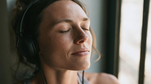 Close-up of a young woman's face, with her eyes closed and her head resting on a window sill. she is wearing a pair of black headphones and appears to be listening to music.