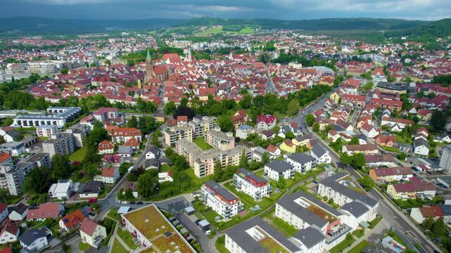 Aerial view of the old town beside the city Neumarkt on a cloudy day in spring