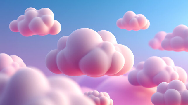 Whimsical 3D render of soft pink fluffy clouds floating in a pastel blue and purple sky, dreamy and cute background for nursery or creative fantasy design concepts.