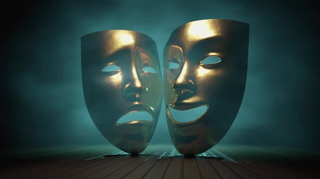 A 3d animation of view of an empty classical theatre stage with theatrical masks, perfect for opera, drama or a grand concert.