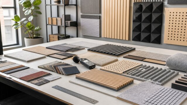Collection of various materials and textures on a workshop table with design samples and tools in a bright room