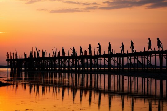 Silhouettes of people crossing a long wooden bridge reflecting in tranquil lake water at dusk