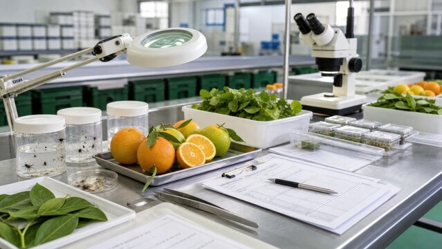 Lab setup with fruits and plants for analysis of quality and composition in a research facility focusing on agriculture and food safety