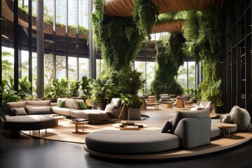 Fototapeta premium Biophilic lounge area with lush green plants, modern furniture, and natural light