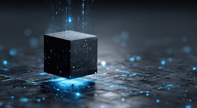 Abstract cube emits data streams on a textured, glowing digital surface