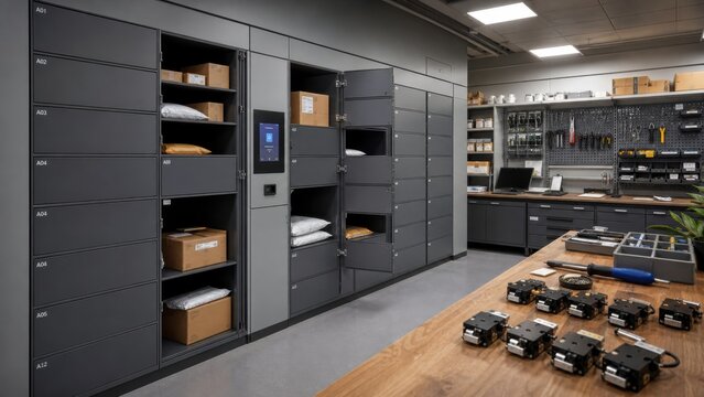 Modern package locker system in a delivery center with organized workspace and storage solutions for efficient parcel management tasks