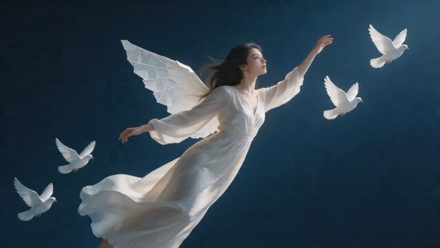 Woman with wings flying with doves