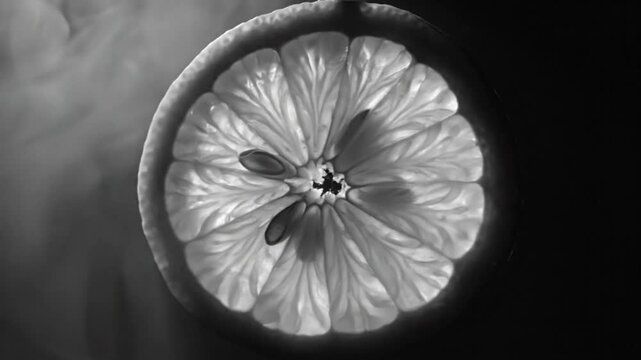 Black and white close up of a lemon slice hanging against a dark backdrop surrounded by smoke